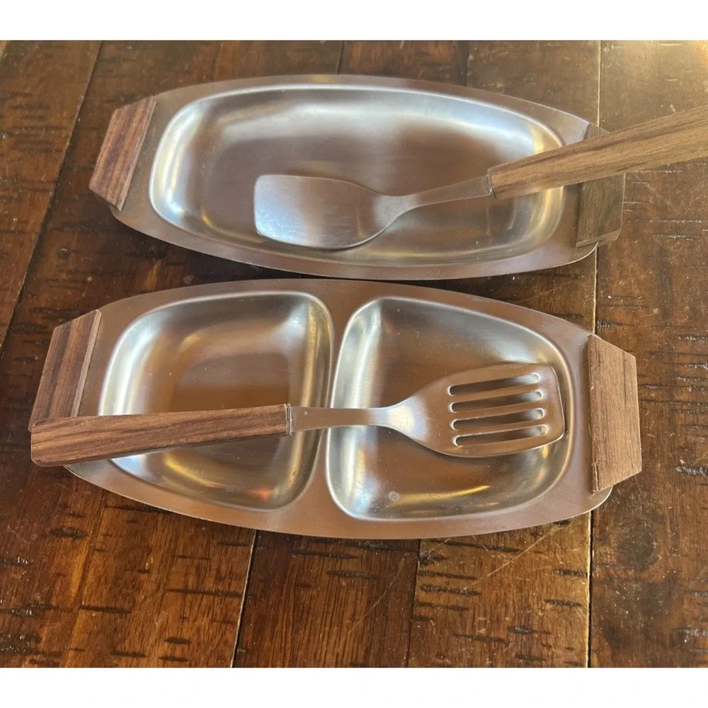 MID CENTURY MODERN‎ Vintage Stainless Steel & Wood Trays JAPAN & Utensils Relish